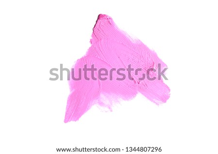 Smear and texture of lipstick or acrylic paint isolated on white background. Stroke of lipgloss or liquid nail polish swatch smudge sample. Element for beauty cosmetic design. Magenta color