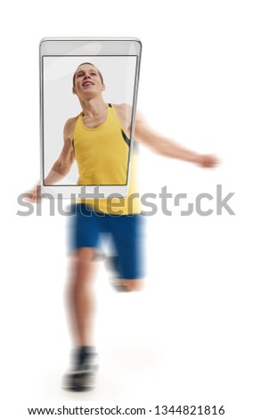 Photo of young athletic healthy sportsman running marathon. conceptual image with a smartphone, demonstration of device capabilities