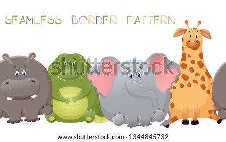 Vector seamless border pattern with elephant, giraffe, crocodile, and hippopotamus. Cute fat cartoon character. The concept of fun design for clothing and interior. Simple comic animal personage.