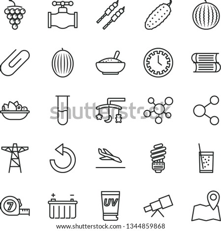 thin line vector icon set - clock face vector, counterclockwise, toys over the cradle, books, long meashuring tape, saving light bulb, clip, a bowl of rice porridge, plate fruit, barbecue, cucumber