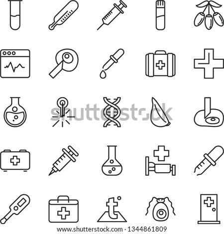 thin line vector icon set - first aid kit vector, plus, electronic thermometer e, mercury, bag of a paramedic, medical, temperature, cardiogram, garlic, goji berry, round flask, test tube, dna, room