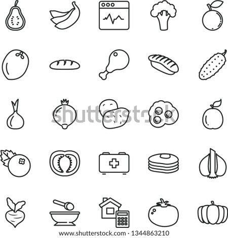 thin line vector icon set - bag of a paramedic vector, deep plate with spoon, estimate, cardiogram, loaf, chicken leg, cucumber, tomato, japanese sushi, omelette, blueberries, pancakes, medlar, part