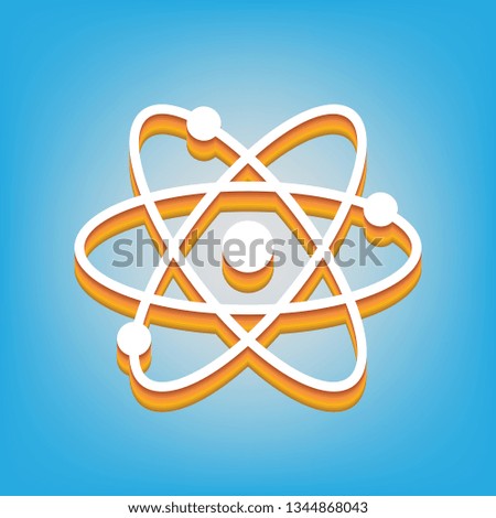 Atom sign illustration. Vector. White icon with 3d warm-colored gradient body at sky blue background.