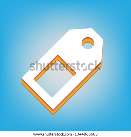 Price tag sign. Vector. White icon with 3d warm-colored gradient body at sky blue background.