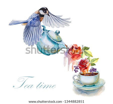 Teacup and tea pot with roses flowers .Floral tea. Watercolor illustration