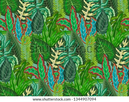 Vector seamless pattern with tropical palm leaves, jungle plants. Endless natural background