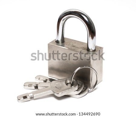 Metal  padlock with keys on a ring isolated on white background.