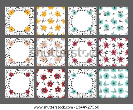 Set of floral seamless patterns and frames of flowers with leaves. Vector Illustration for  cards, posters, cards, t-shirts, book, textile.