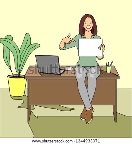 Business cartoon character. Girl sitting on the table holding a blank white sheet for text or image. On the table is a laptop, a sheet of paper. Modern flat vector illustration.