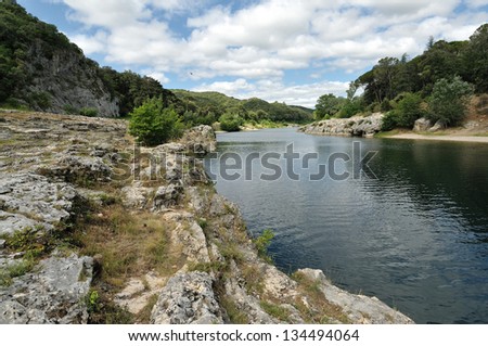 Best view on Gardon river near to aqueduct  Pont du Gard