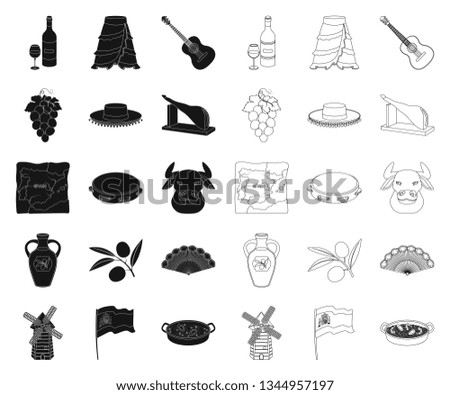 Spain country black,outline icons in set collection for design.Travel and attractions vector symbol stock web illustration.