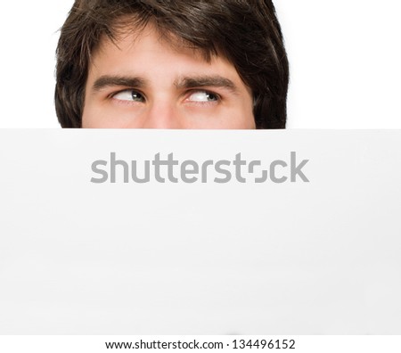 Young Man Holding Blank Placard Isolated On White Background