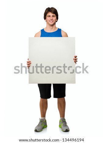 Young Man Holding Blank Placard Isolated On White Background