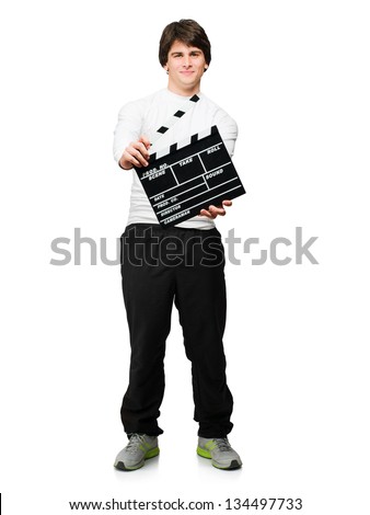 Young Man Holding Clapper Board Isolated On White Background