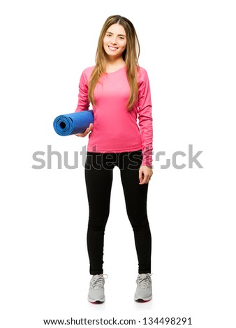 Young Woman Holding Exercise Mat Isolated On White Background