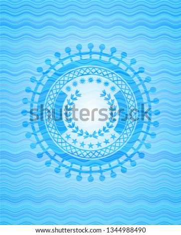 leaf crown icon inside sky blue water wave badge background.