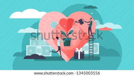 Philanthropy vector illustration. Flat tiny voluntary charity persons concept. Symbolic love of humanity as nonprofit social teamwork. Support contribution, gifts and abstract public good improvement. Royalty-Free Stock Photo #1345003556