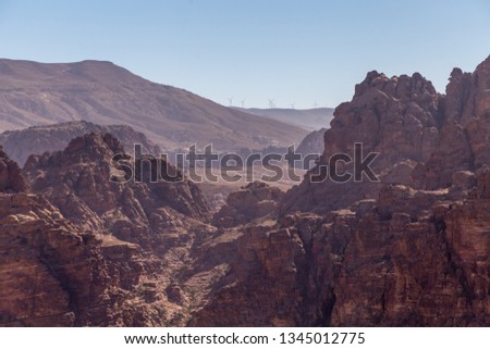 View from the observation deck near Ad Deir monastery. Petra, Jordan. Petra is the main attraction of Jordan. Petra is included in the UNESCO heritage list.