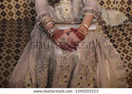 Bride decorated hands and dress Picture in White dress. Mehndi Hands Designs.