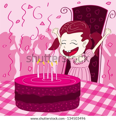 Happy children with birthday cake on a striped background