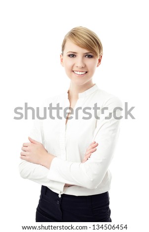 Attractive business woman smiling isolated on white background