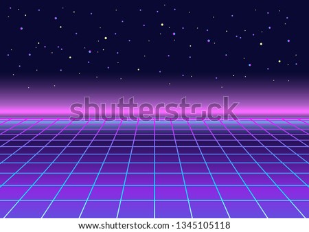Retrowave, synthwave, rave, vapor party background. Light grid landscape. Yesterday’s tomorrow. Retro, vintage 80s, 90s style. Black, purple, pink, blue colors. Banner, print, wallpaper, web template Royalty-Free Stock Photo #1345105118