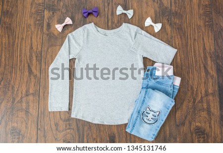 Styled Stock Photography "Cute Kitty", Mockup-Digital File, Toddler Girl Gray Longsleeve Shirt Mock Up