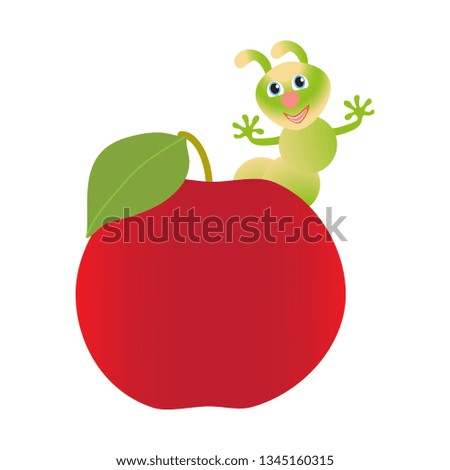 Red apple and worm isolated on white background. Vector illustration.
