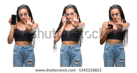 Collage of beautiful african american woman with birth mark using smartphone over isolated background with open hand doing stop sign with serious and confident expression, defense gesture