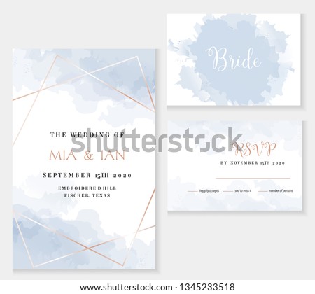 Stylish dusty blue and gold geometric vector design cards. Set of golden line art cards. Winter wedding invitation. Snow or ice texture. Watercolor splash style. All elements are isolated and editable