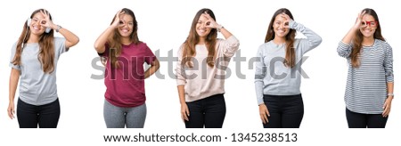 Collage of beautiful young woman over isolated background doing ok gesture with hand smiling, eye looking through fingers with happy face.