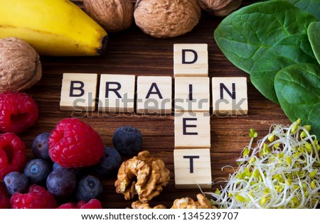 "Brain diet" words written on wooden blokcs with foods that boost brain function, memory, health and concentration Royalty-Free Stock Photo #1345239707