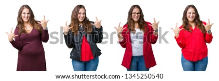 Collage of beautiful plus size business woman over isolated background shouting with crazy expression doing rock symbol with hands up. Music star. Heavy concept.