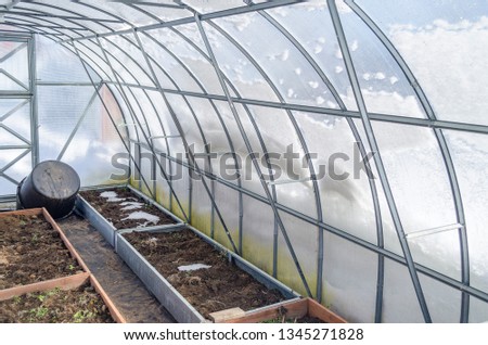 Inside the polycarbonate greenhouse at the end of winter Royalty-Free Stock Photo #1345271828