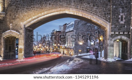 Several photos of the old town of Quebec, Chateau Frontenac, Petit Champlain neighborhood, Porte St-Jean. Winter and fall season. Province of Quebec, Canada