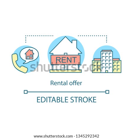 Rental offer concept icon. Real estate leasing. Handset, speech bubble, houses. Leasing office, apartment. House for rent idea thin line illustration. Vector isolated outline drawing. Editable stroke
