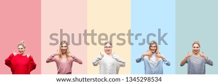 Collage of young beautiful blonde woman over vivid colorful vintage isolated background success sign doing positive gesture with hand, thumbs up smiling and happy. Looking at the camera
