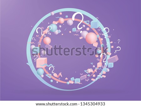 3d figures realistic vector primitives composition with question signs ,abstract minimalism with flying objects and  shapes in motion isolated .Material design for web and print futuristic decoration 