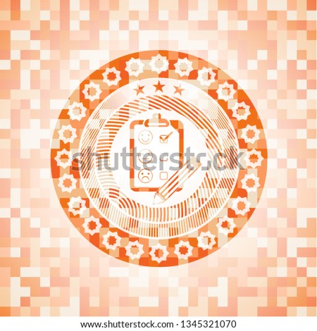 customer feedback icon inside abstract emblem, orange mosaic background