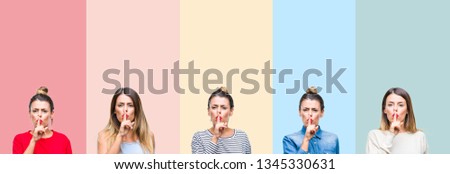 Collage of young beautiful woman over colorful vintage stripes isolated background asking to be quiet with finger on lips. Silence and secret concept.