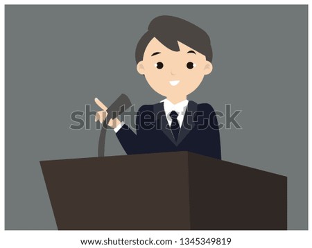 Happy businessman standing at a podium with microphone, giving speech or lecture.
