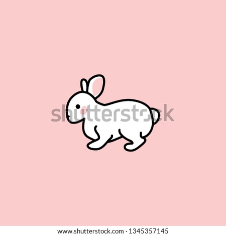 cute white rabbit stands side view. funny bunny. hand drawn elements on pink background