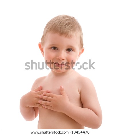 Portrait of baby press down hand on chest. Isolated on white background.