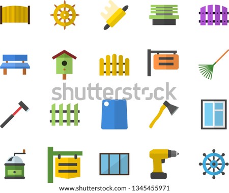 Color flat icon set window flat vector, drill screwdriver, fence, ax, rolling pin, cutting board, coffee grinder, nesting box, rake, bench, signboard, steering wheel