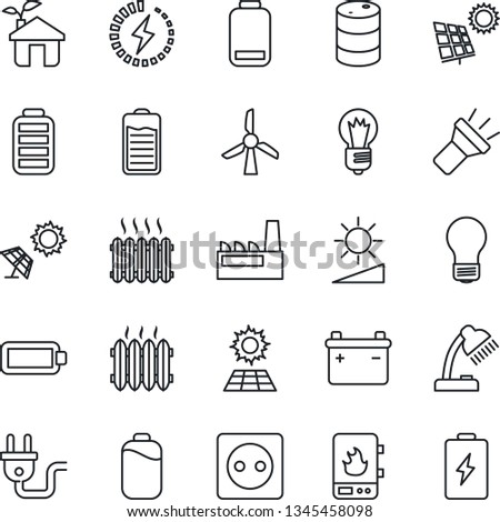 Thin Line Icon Set - bulb vector, oil barrel, battery, low, torch, brightness, charge, desk lamp, sun panel, heater, factory, eco house, socket, power plug, water, windmill