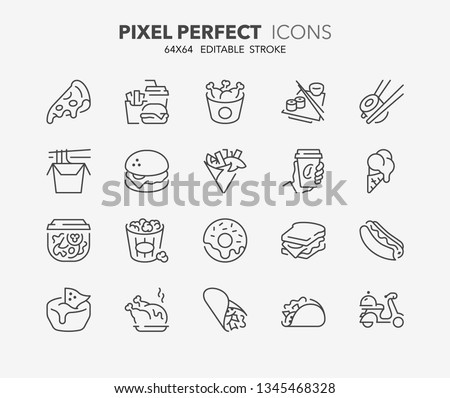 Thin line icons set of fast food and take away. Outline symbol collection. Editable vector stroke. 64x64 Pixel Perfect. Royalty-Free Stock Photo #1345468328