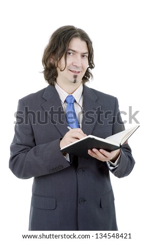 pensive businessman with a book in white background