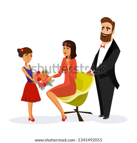 Child giving Bunch of Flowers Vector Illustration. Mothers Day, Birthday, Anniversary Concept. Mom Getting Bouquet of Asters. Mother, Father and Daughter Flat Drawing. Parents Cartoon Characters