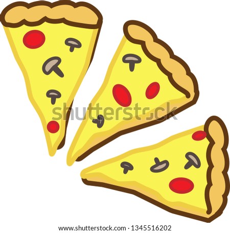 Colored icon of three pieces of pizza with tomatoes, cheese and mushrooms for websites or applications.