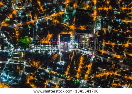 Aerial night shot over a city of Yambol, Bulgaria